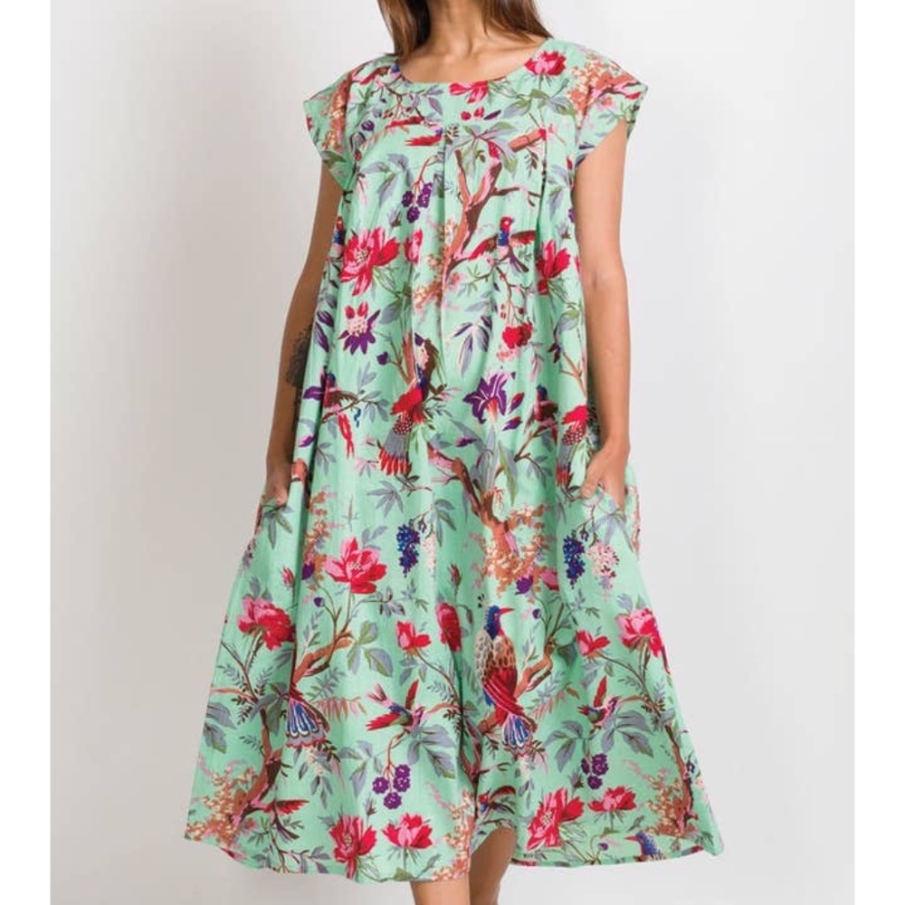 Sevya 100% Cotton NWOT Green Aviary Print Flowy Boho Midi Dress‎ Sz S/M
